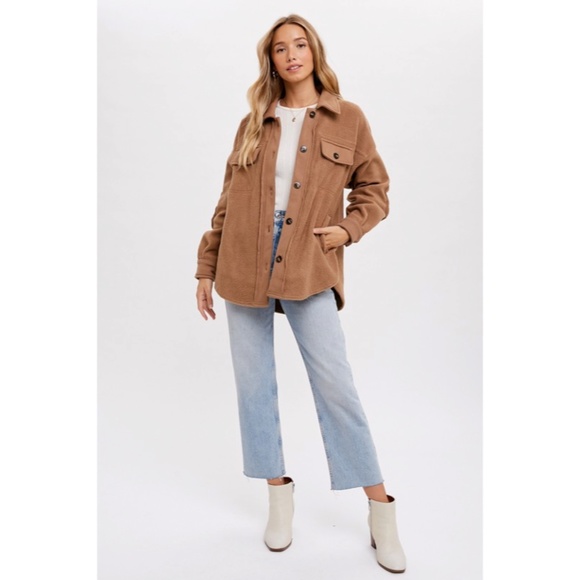 SOLD OUT Latte Button Front Fleece Jacket W/ Elbow Patches & Pockets Fall Winter - Picture 4 of 5